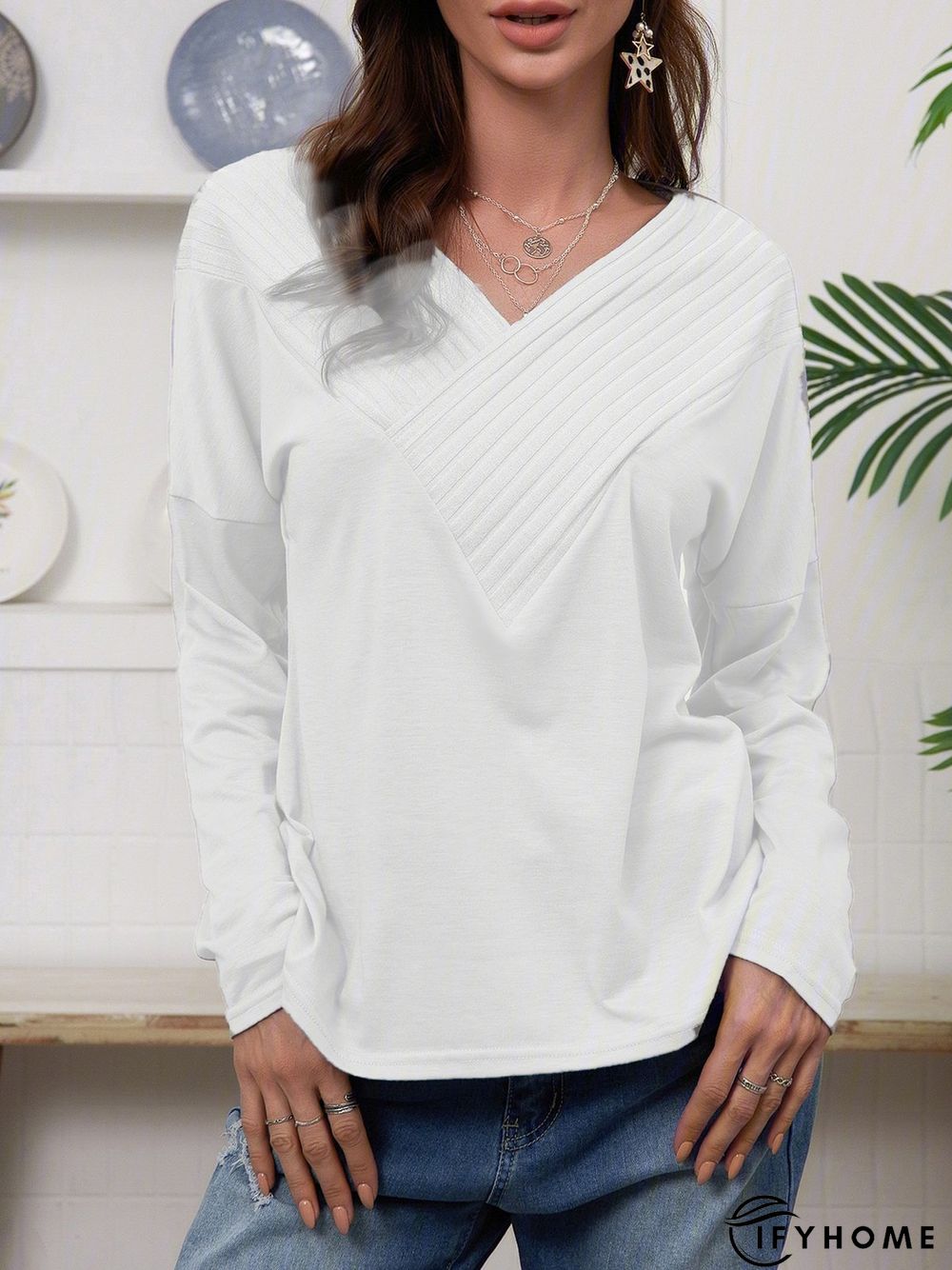 V Neck Elegant Regular Fit T-shirt & Tees | IFYHOME