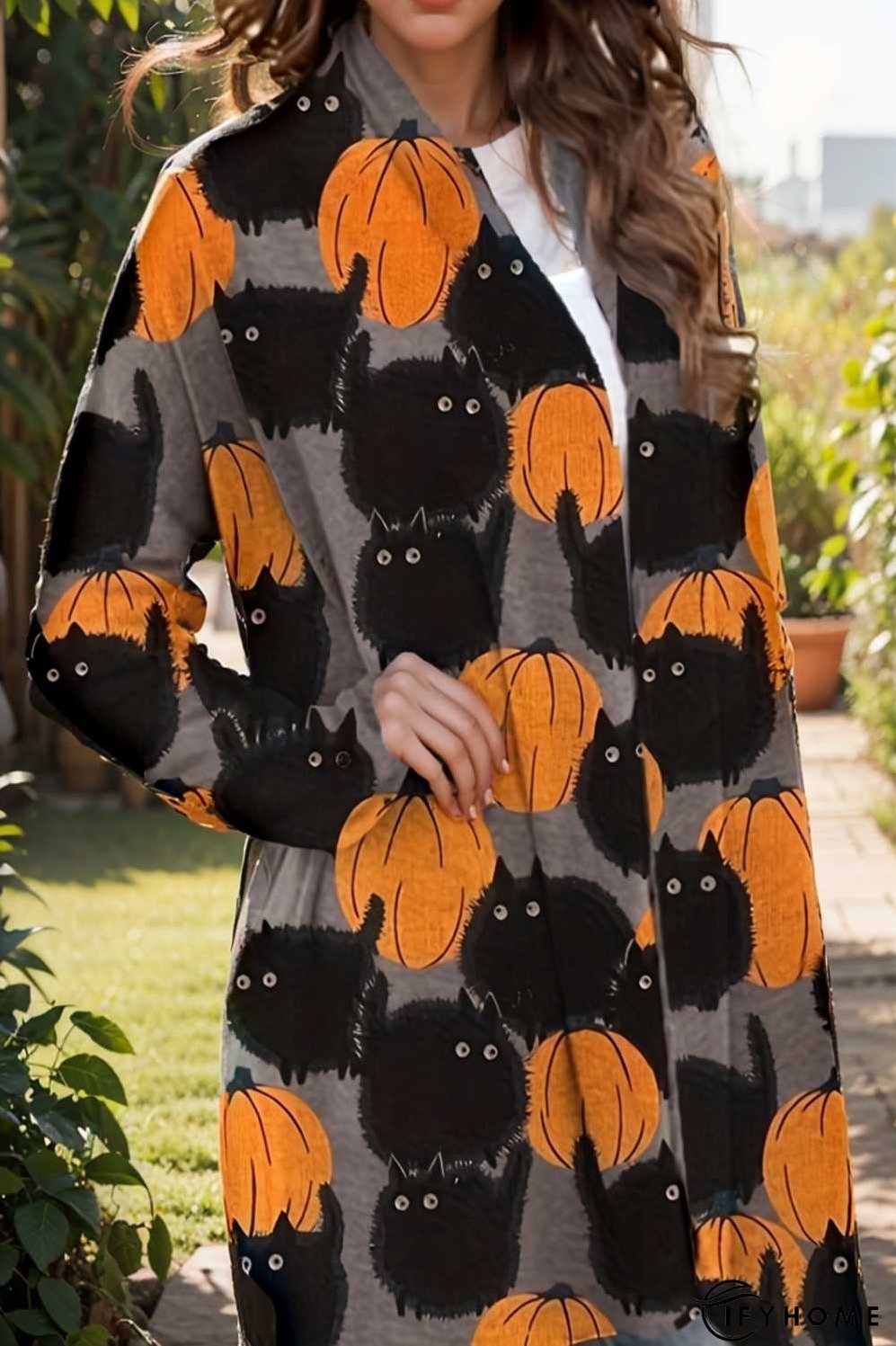 plus size halloween coat women s pus allover cat pumpkin print long sleeve open front medium stretch cardigan overcoat | IFYHOME