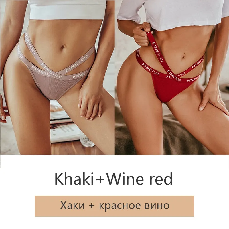 FINETOO 2Pcs/set Sexy Thongs Women Cotton G-string Panties Letter Bikini Underwear Girls Cross Belt Low-rise Underpants Lingerie