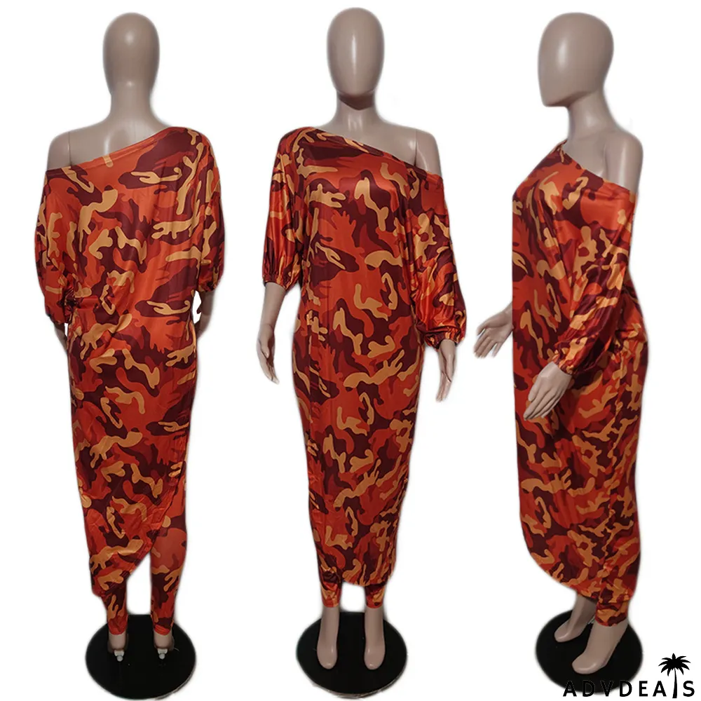 Women's Fashion Casual Loose Plus Size Slash Shoulder Pant Two Piece