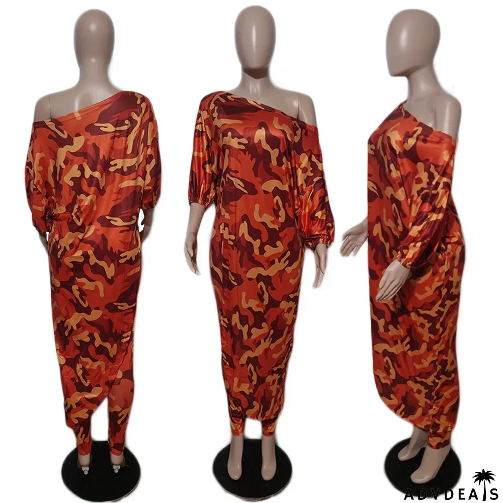 Women's Fashion Casual Loose Plus Size Slash Shoulder Pant Two Piece