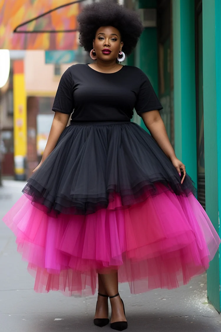 Xpluswear Design Plus Size Cocktail Party Elegant Black Colorblock Round Neck Short Sleeve Contrast Ruffle Tiered Tulle Midi Dresses