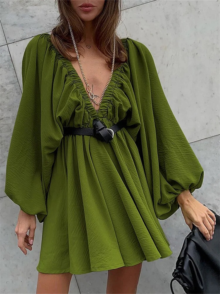Green Lantern Long Sleeve Deep V Neck A-line Dress Spring Fall Women High Waist Backless Pleated Short Dress OL 2023
