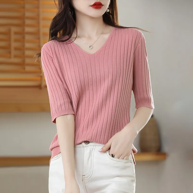 Churchf Churchf The Summer Of 2024, Women's Knit Short Sleeve Korean V-Neck Solid Color T-Shirt And A Pit Top