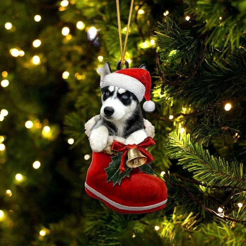 VigorDaily Siberian Husky Black White In Santa Boot Christmas Hanging Ornament SB135
