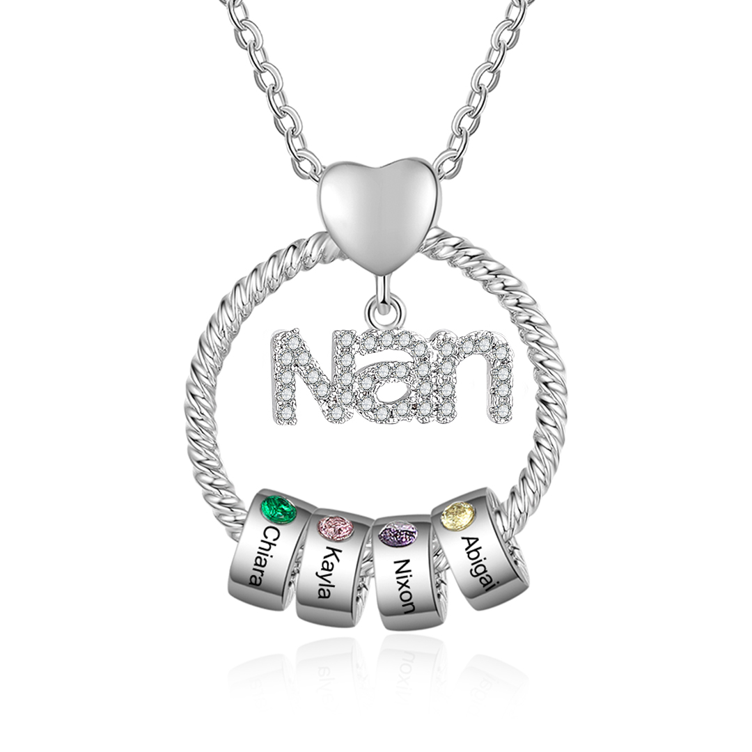 4 Names Personalized Nan Circle Necklace With 4 Birthstones Pendant