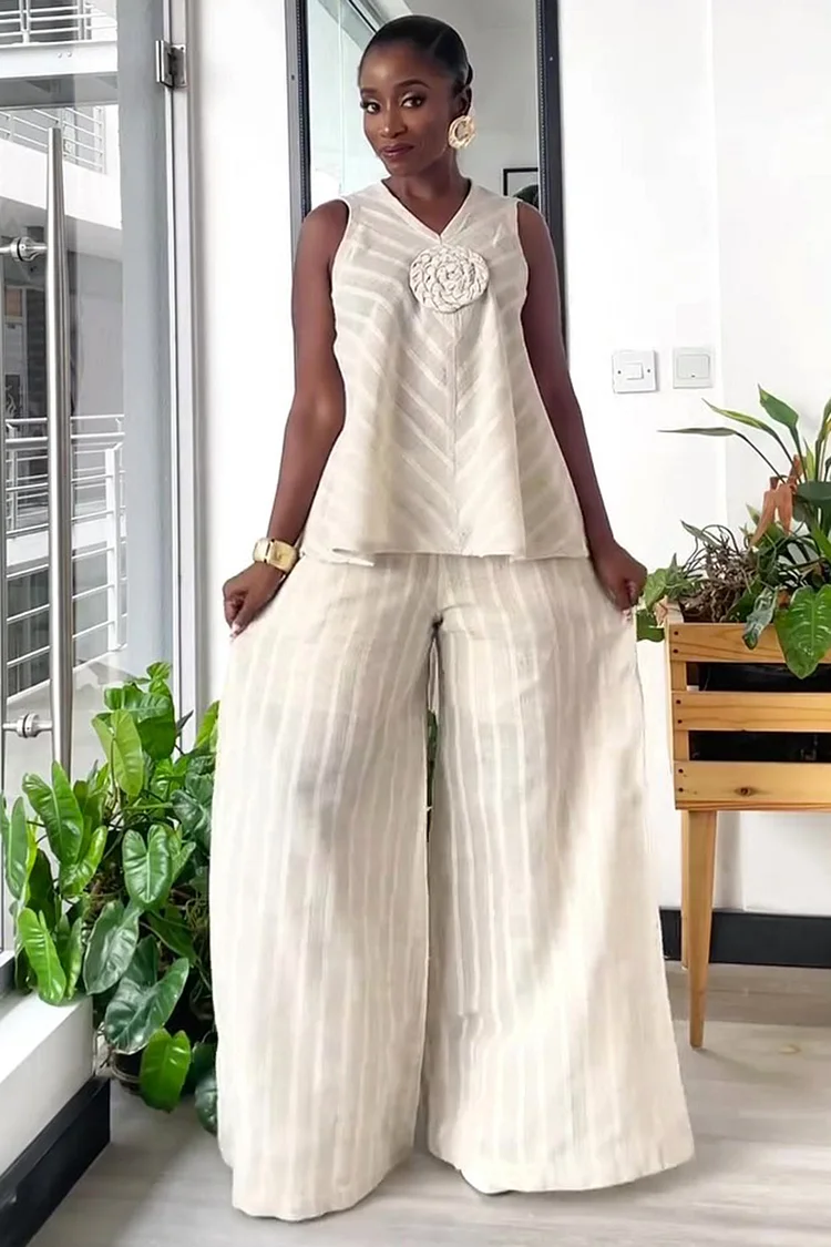 Pinstripe Rosette V Neck Vest Wide Leg Pants Daily 2pcs Set-Beige [Pre Order]