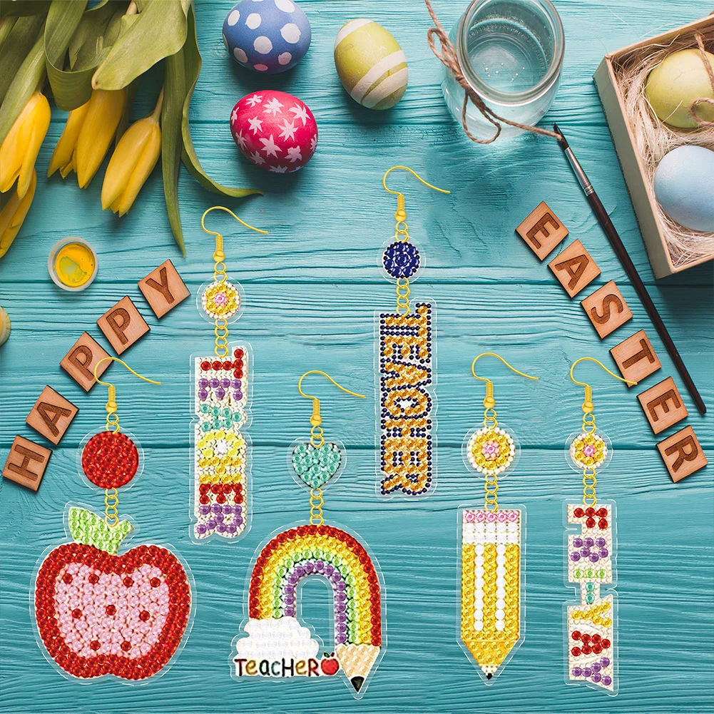 6Pairs DIY Teacher Double Sided Diamond Painting Earrings Mosaic Drill Earring Kits