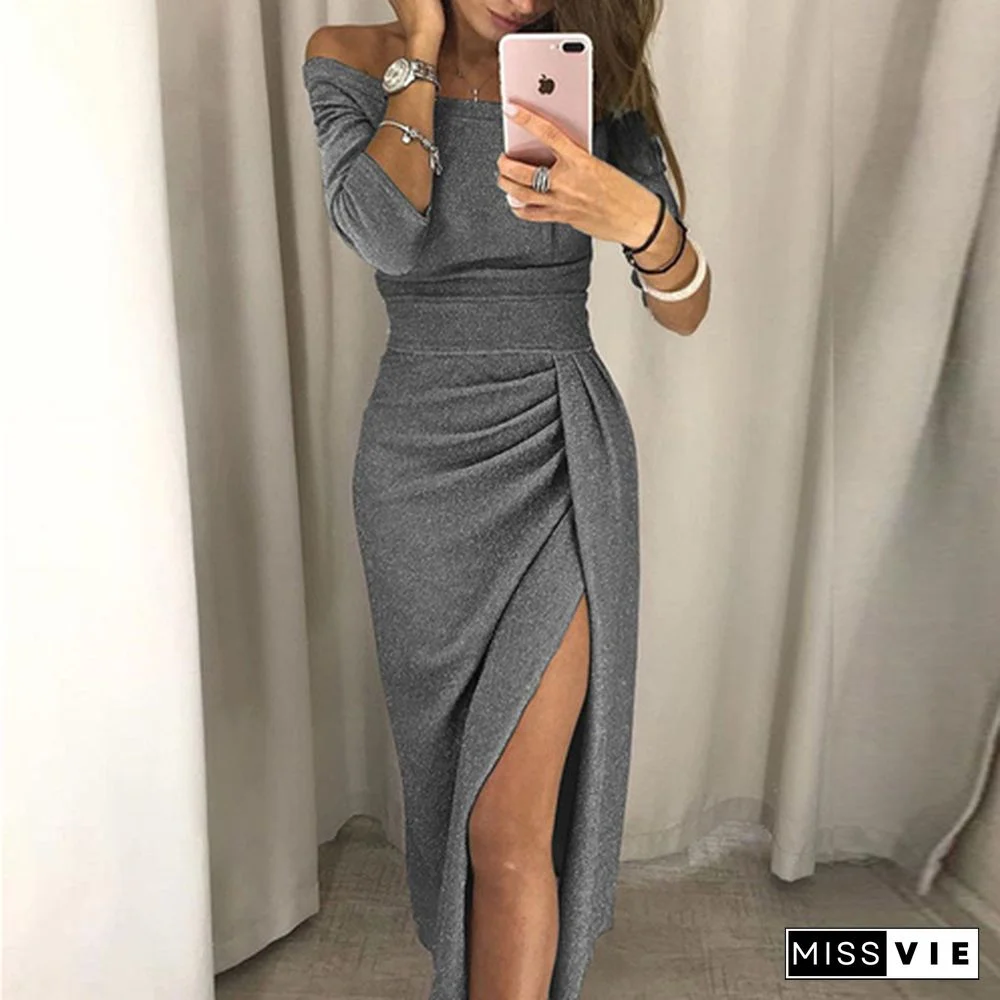 Formal Dress Women Elegant Long Sleeve Evening Party Dress New Solid Off Shoulder Women Dresses Sexy Club Dresses Roupa Feminina