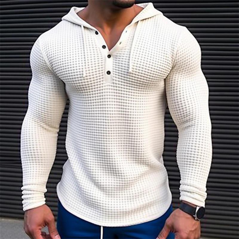 Men's Solid Waffle Long Sleeve Casual Hoodie