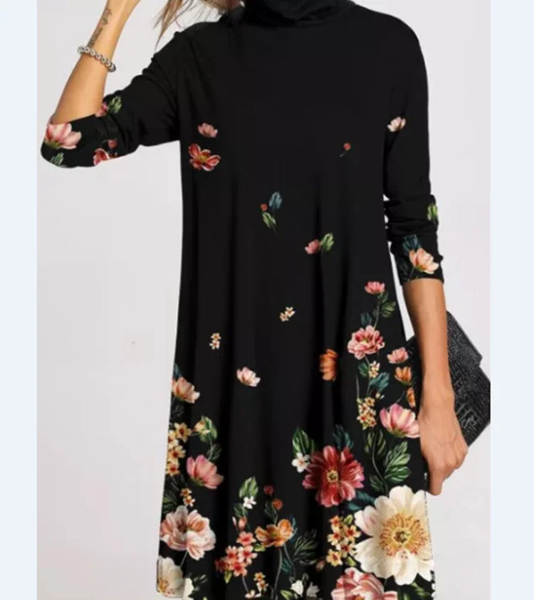 Brownm Fashion Printed Collar Long Sleeves Loose Dresses