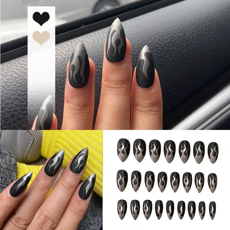 24pcs 4 Fire Patterns Design Cool Girls Hand Decorative False Nails with Glue Full Cover Detachable false nails with designs-Nail Inspo