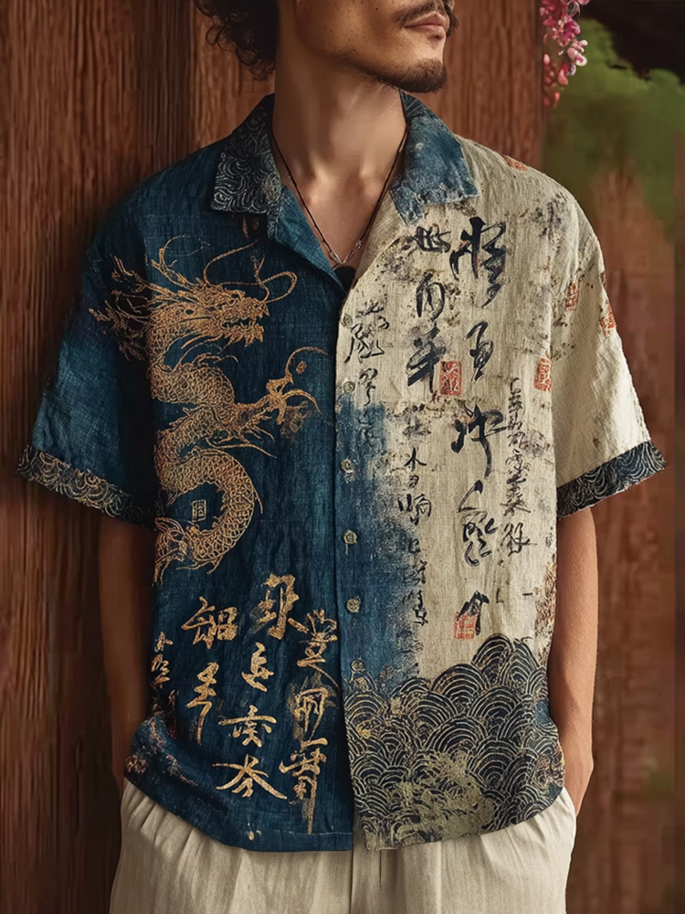 Japanese Art Retro Pattern Clash Color Design Men's Casual Linen Shirt elevenforest