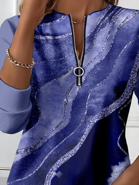 Women Long Sleeve Scoop Neck Striped Colorblock Printed Graphic Zipper Tops