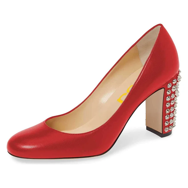 Red Chunky Heels Pumps with Studs |FSJ Shoes
