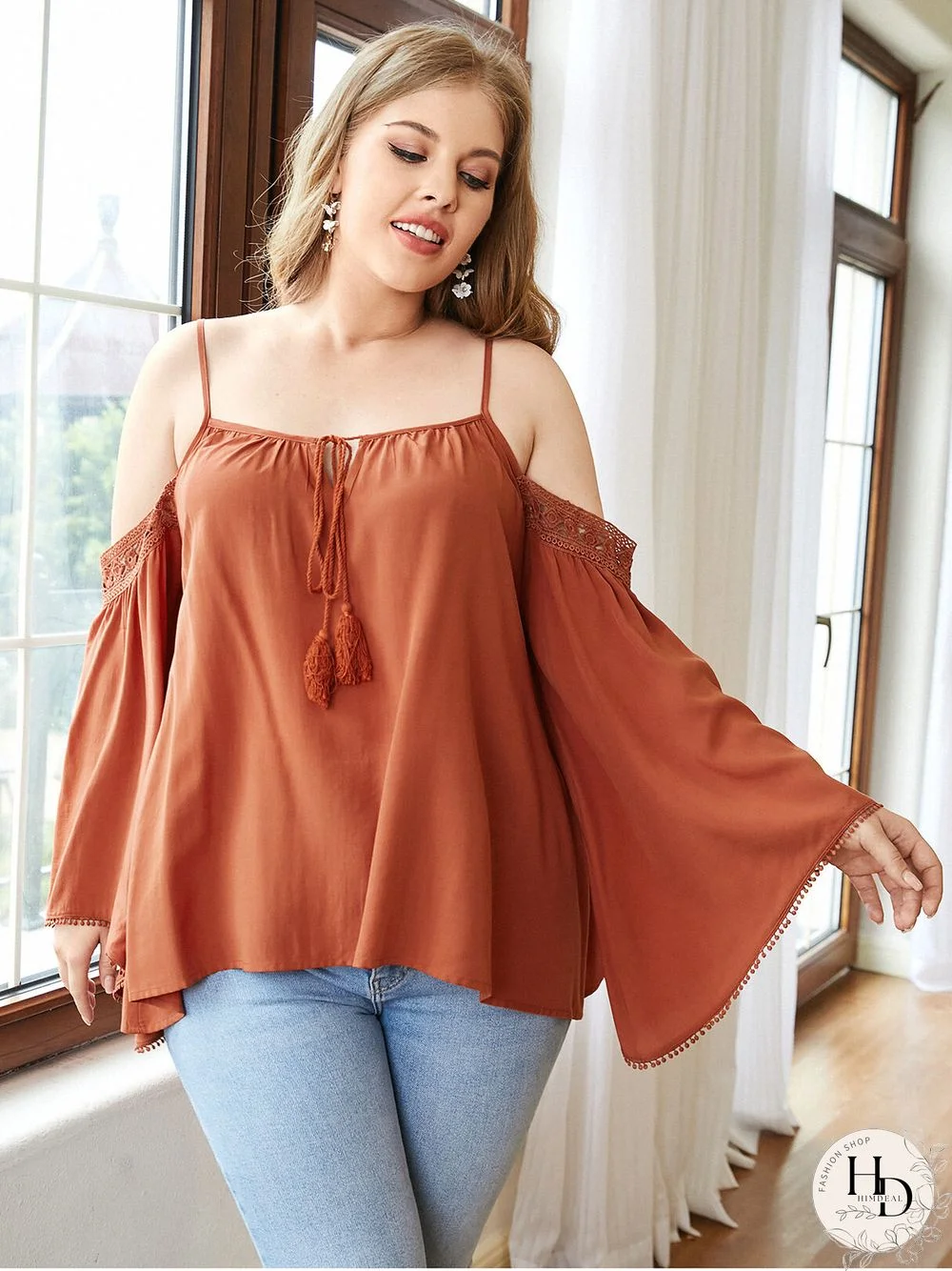 Plus Size Cold Shoulder Tie Tassel Detail Bell Sleeve Blouse
