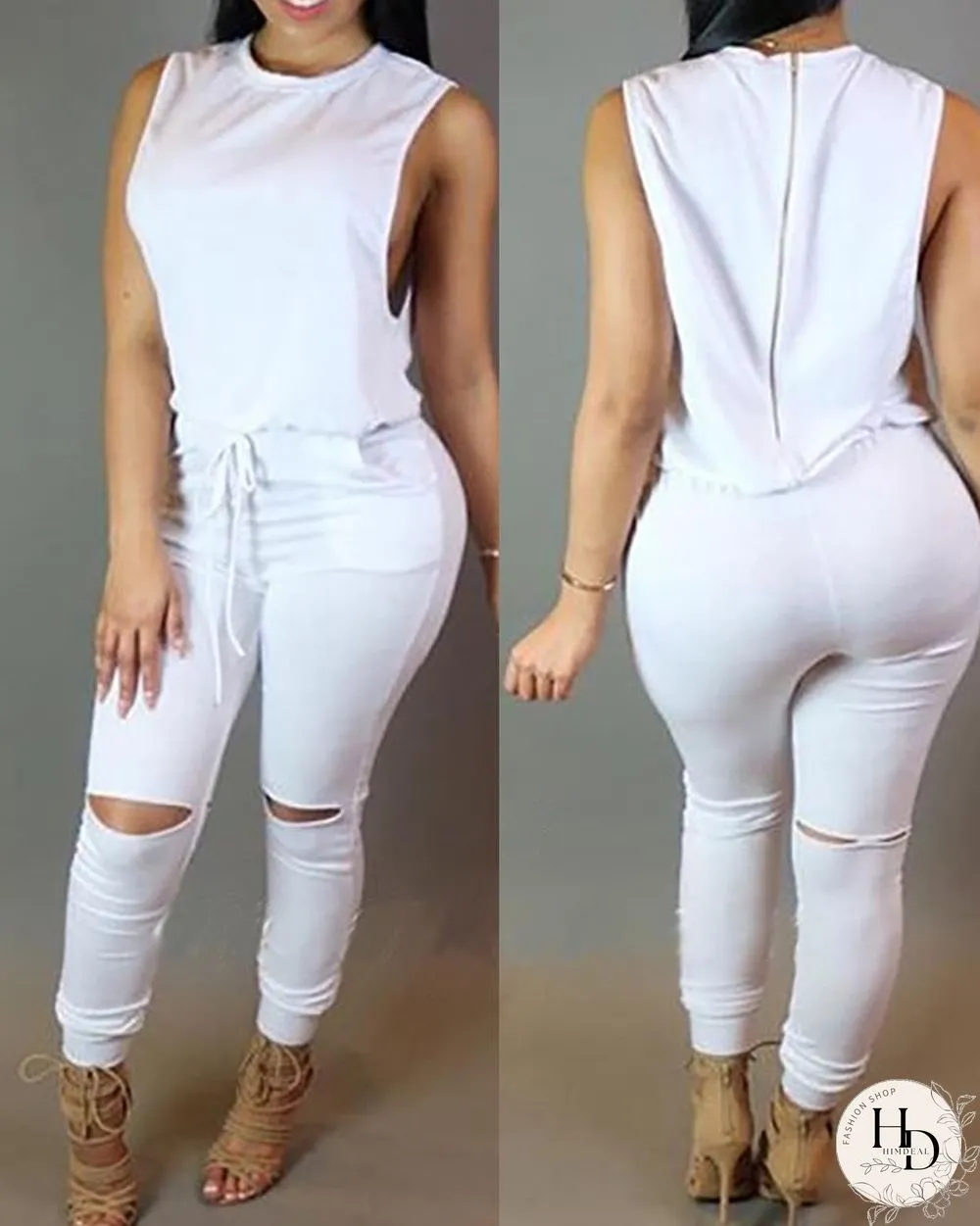 Sleeveless Solid Top & Drawstring Cut Out Pants Set P14849