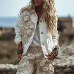Women's Vintage Cotton And Linen Floral Long-sleeved Denim Jacket - Image 2