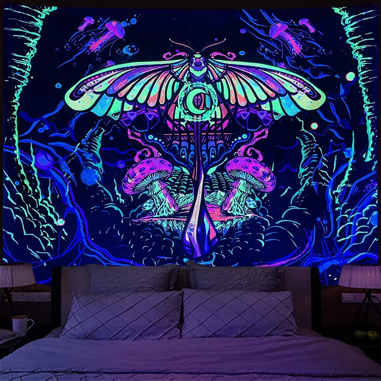 Butterfly and Mushroom - Black Light Tapestry