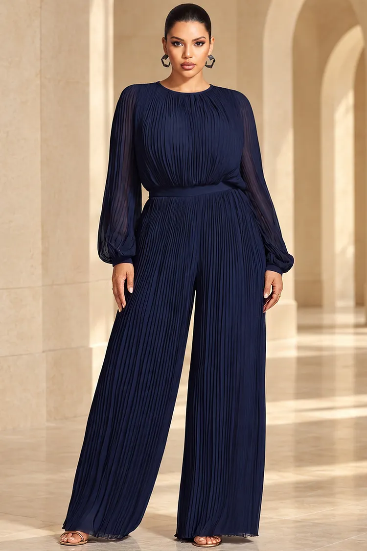 Xpluswear Design Plus Size Formal Navy Blue Round Neck Lantern Sleeve Long Sleeve Pleated See Through Chiffon Jumpsuits [Pre-Order] 2024 - Xpluswear
