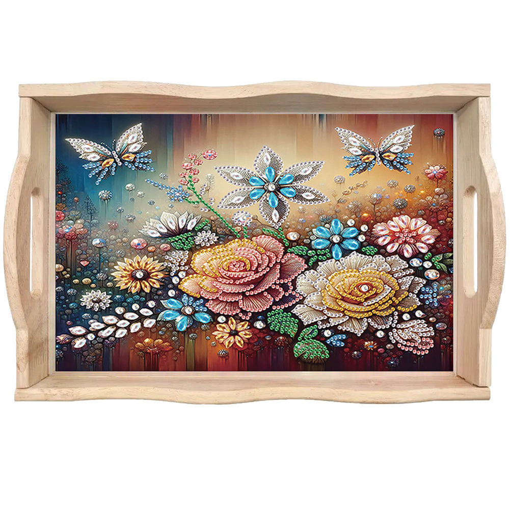 Diamond Painting Wooden Serving Tray Diamond Art Dining Plate (Flower Butterfly)
