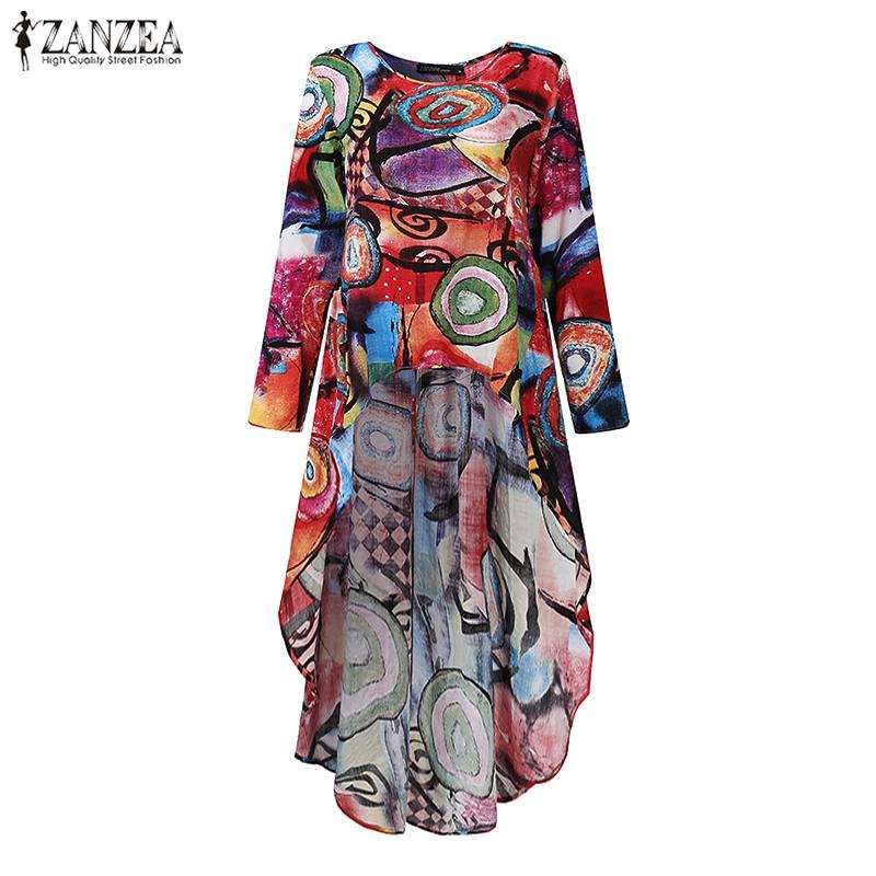 Women's Printed Blouse 2022 ZANZEA Irregular Tops Kaftan Casual Long Sleeve Shirts Female O Neck Blusas Chemise