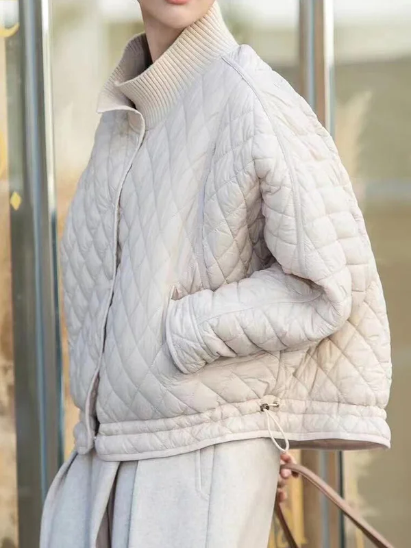 Long Sleeves Loose Quilted Solid Color Split-Joint Zipper Stand Collar Padded Coat