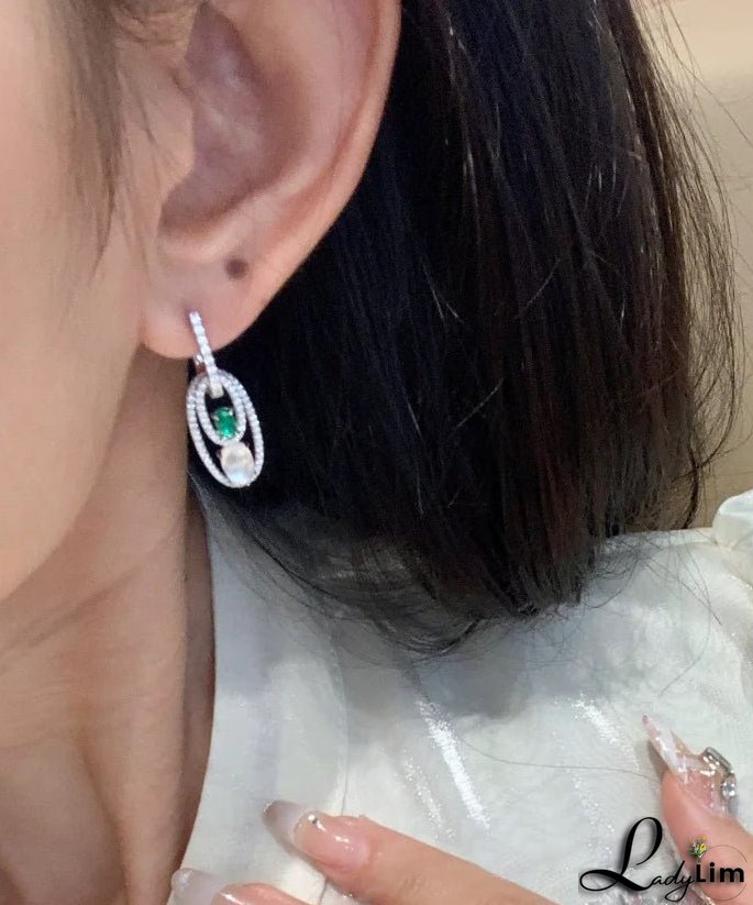 Chinese Style Green Sterling Silver Alloy Zircon Jade Egg Shaped Hoop Earrings