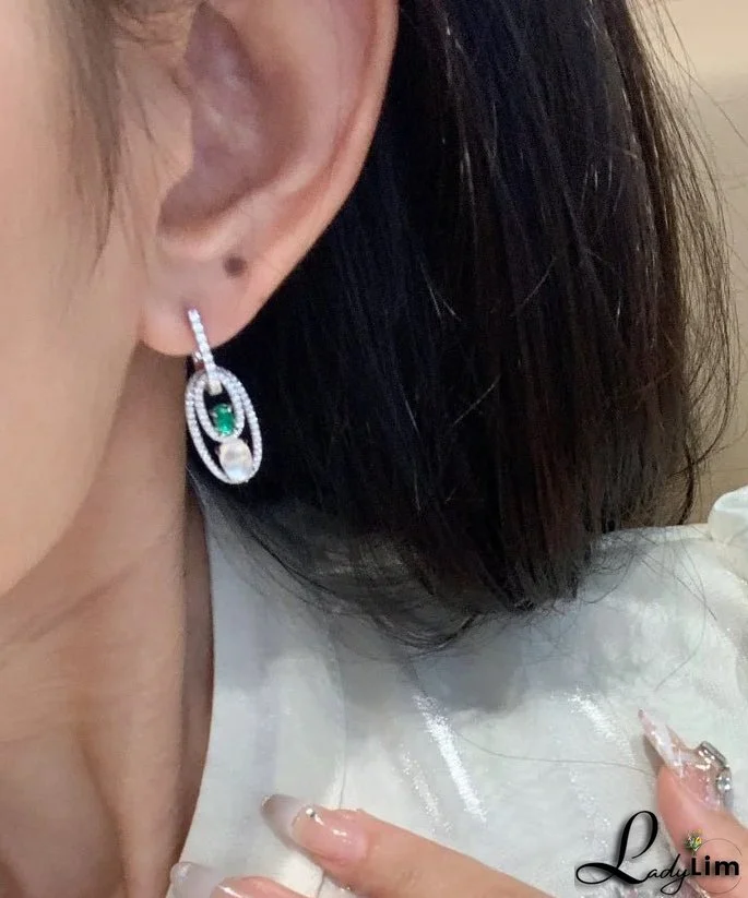 Chinese Style Green Sterling Silver Alloy Zircon Jade Egg Shaped Hoop Earrings