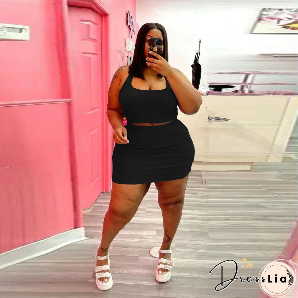 Plus Size Summer Solid Women Square Neck Sleeveless Crop Top+Elastic Waist Mini Skirt 2 Piece Set