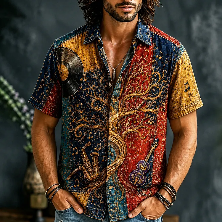 Men's Tree Of Life Music Guitar Print Hippie Vintage Shirt
