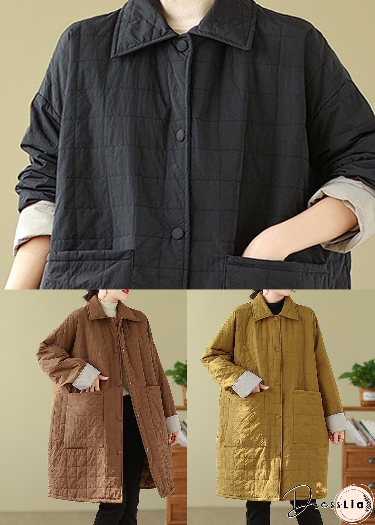 Women Black Pockets Button Patchwork Fine Cotton Filled Coat Winter