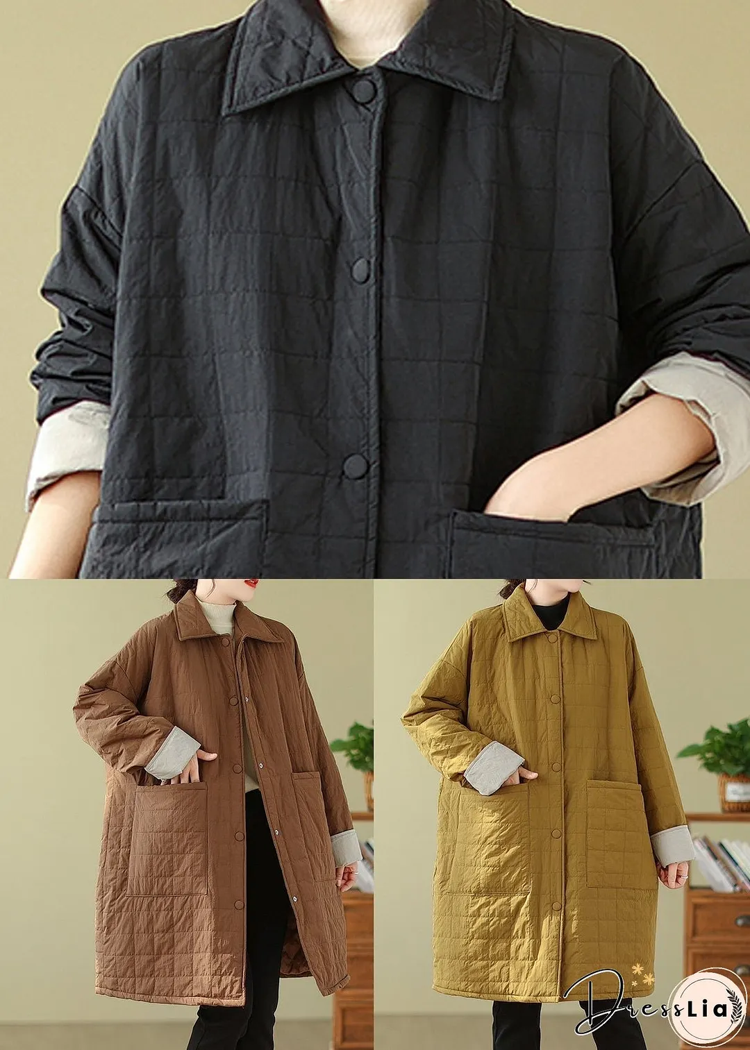 Women Black Pockets Button Patchwork Fine Cotton Filled Coat Winter