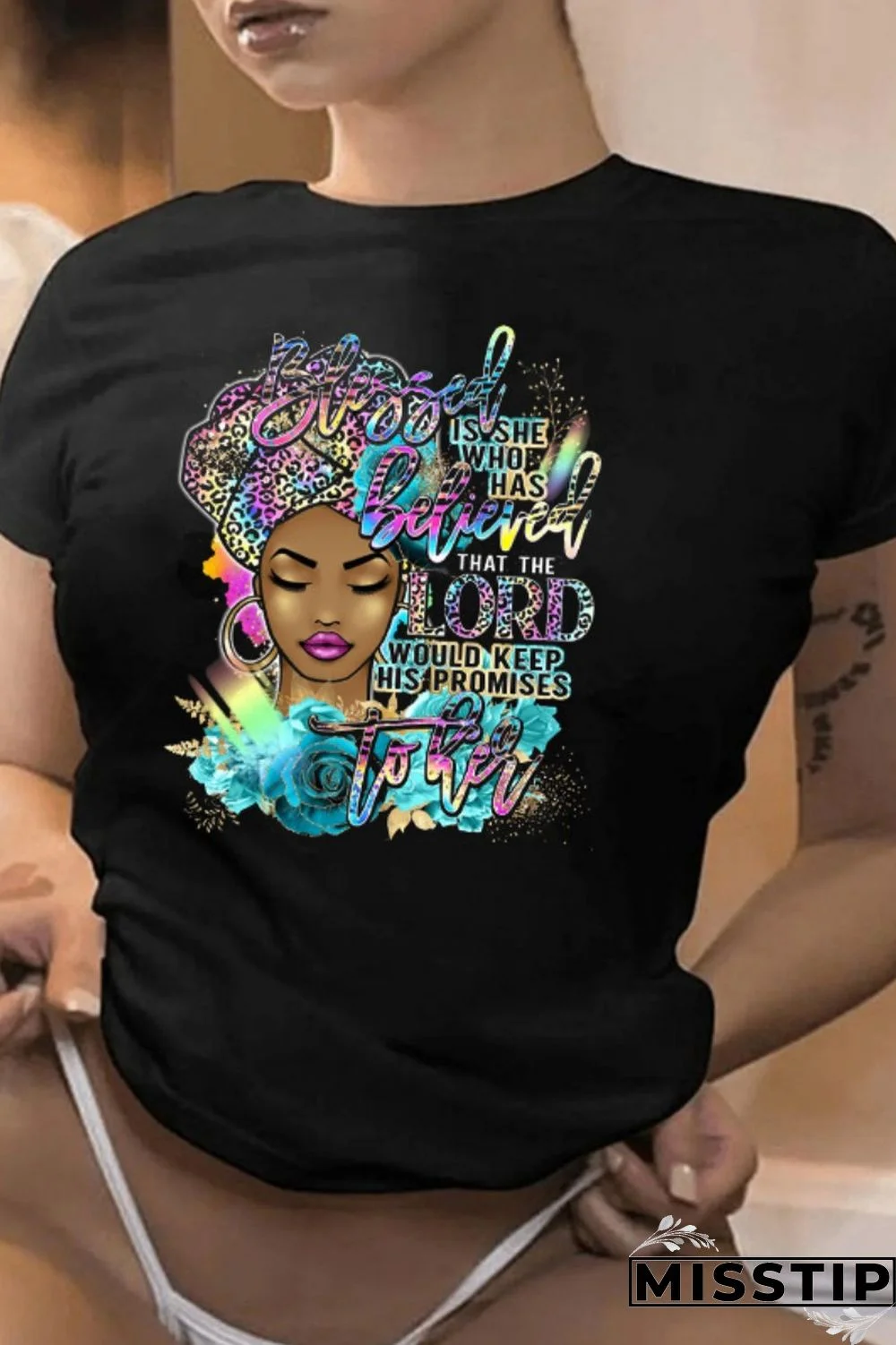 Black Casual Print Basic O Neck T-Shirts