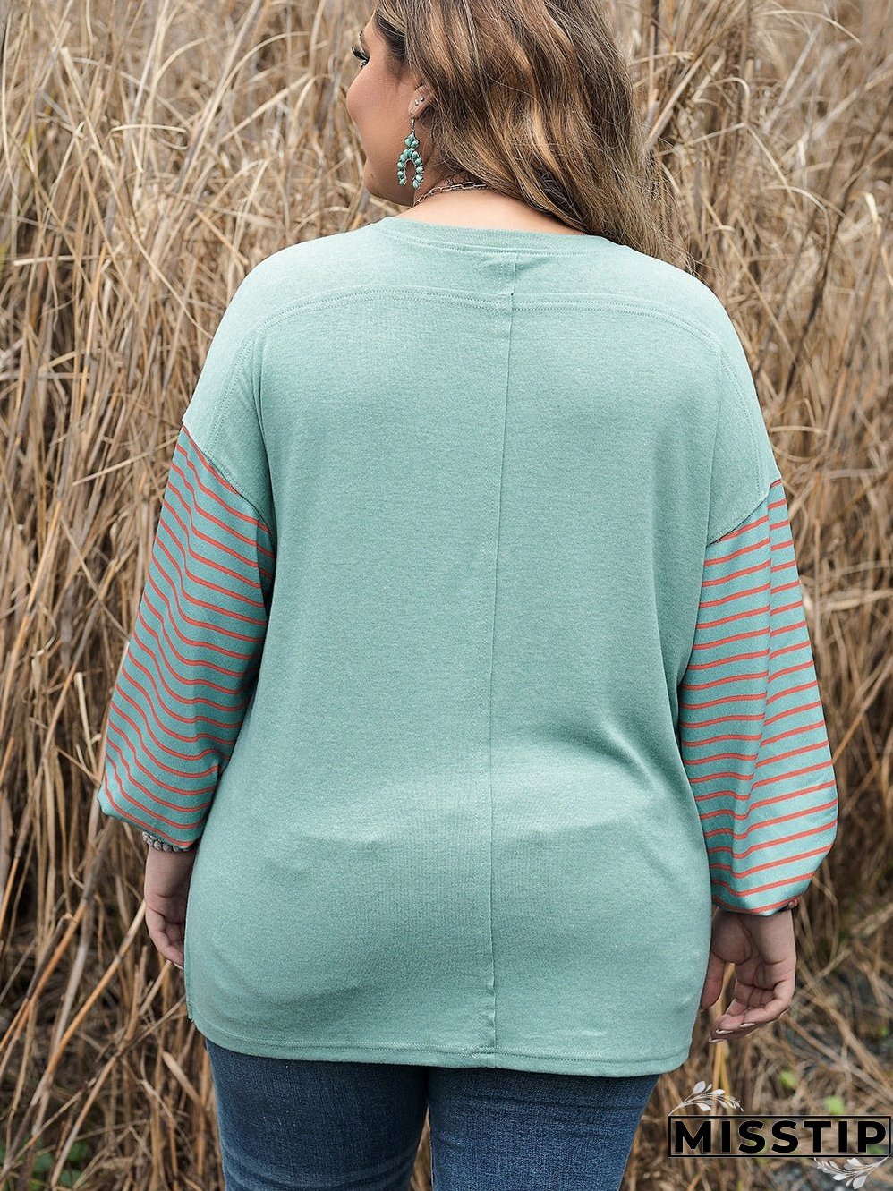 Green Plus Size Striped Long Sleeve Colorblock Tee with Slits
