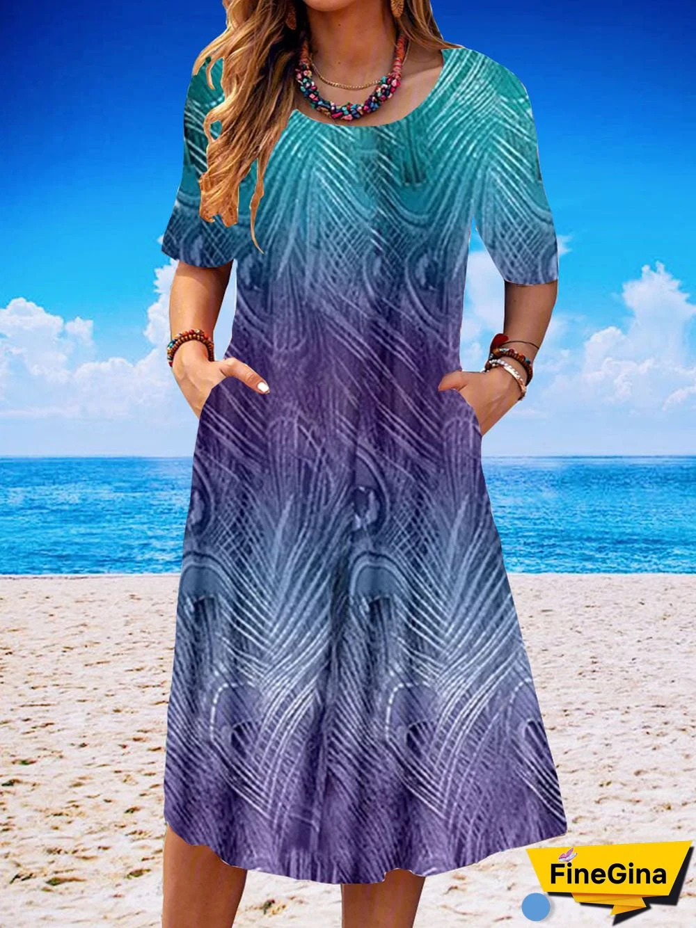 Women Short Sleeve Scoop Neck Printed Gradient Midi Dress