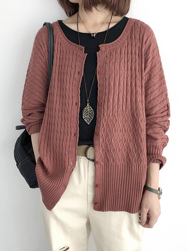 Artistic Retro Loose 5 Colors Jacquard Buttoned Round-Neck Long Sleeves Cardigan Top