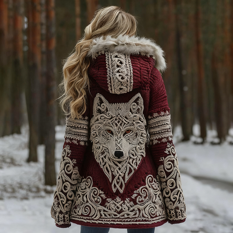 Women Viking Wolf Celtic Knot Art Cozy Fur Collar Hooded Cardigan