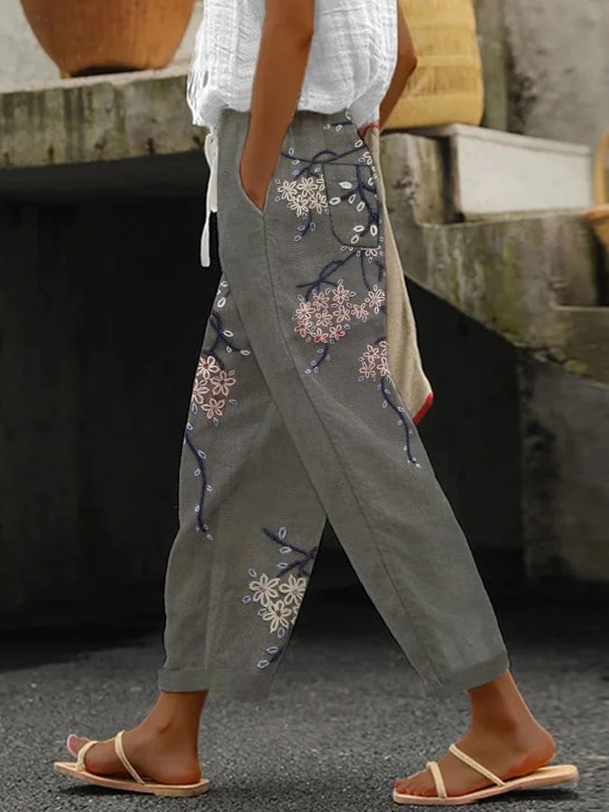 Women's Retro Floral Art Print Casual Cotton And Linen Shirt