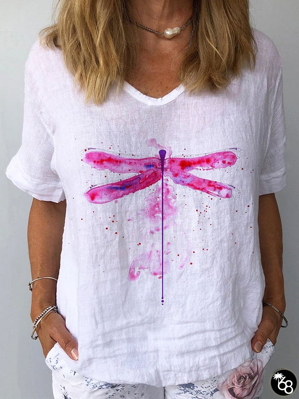 Women's Watercolor Dragonfly Print Cotton Linen Shirt | 168DEAL