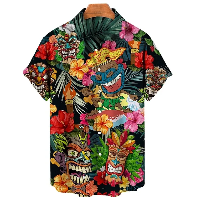 Kakacloud Tiki Moai Shirt Men's Clothes 3D Print Hawaiian Shirts Vintage Civilization Horror Skull Graphic Blouses Casual Y2k Aloha shirts