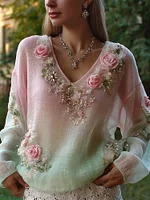 Vintage Boho Roses Embroidered Gradient Comfy Linen Shirt