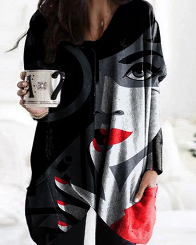 Women's Portrait Print Round Neck Long Sleeve Top With Pockets