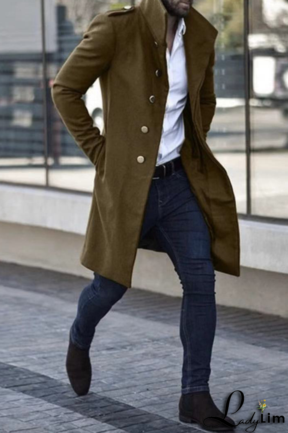 Light Gray Casual Solid Pocket Buckle Mandarin Collar Outerwear