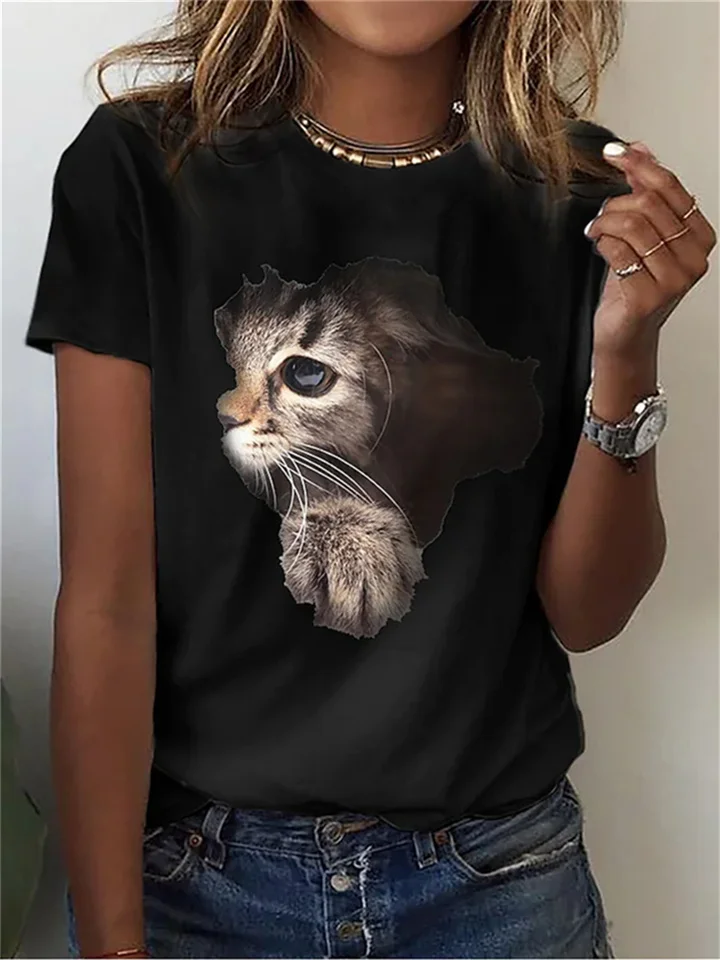 Summer Animal Kitten Print Short-sleeved Round Neck T-shirt Women's Pink White Yellow Black | 168DEAL