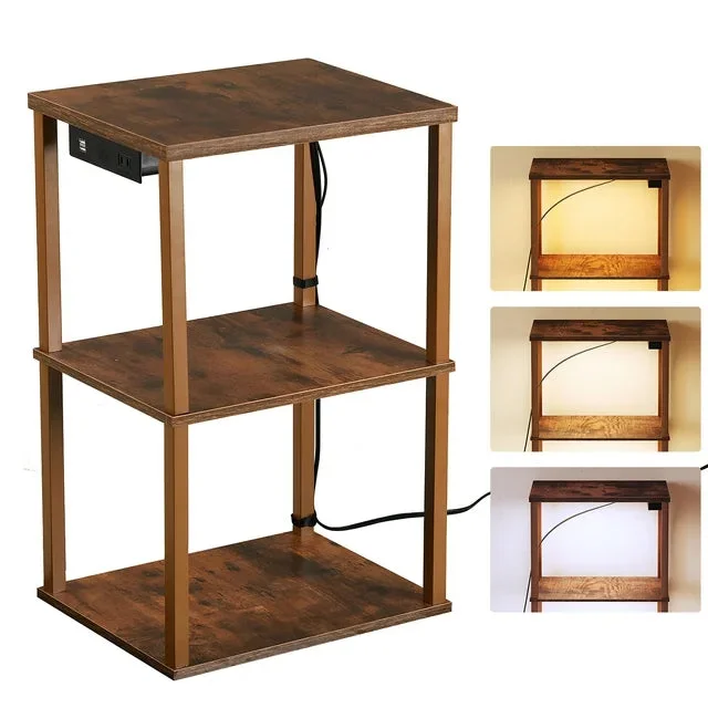 AOHAO Side Tables with Dimmable Light, End Table 3-Tier Bedside Table with Sturdy Metal Frame, Tall Nightstand for Bedroom, Living Room, Sofa