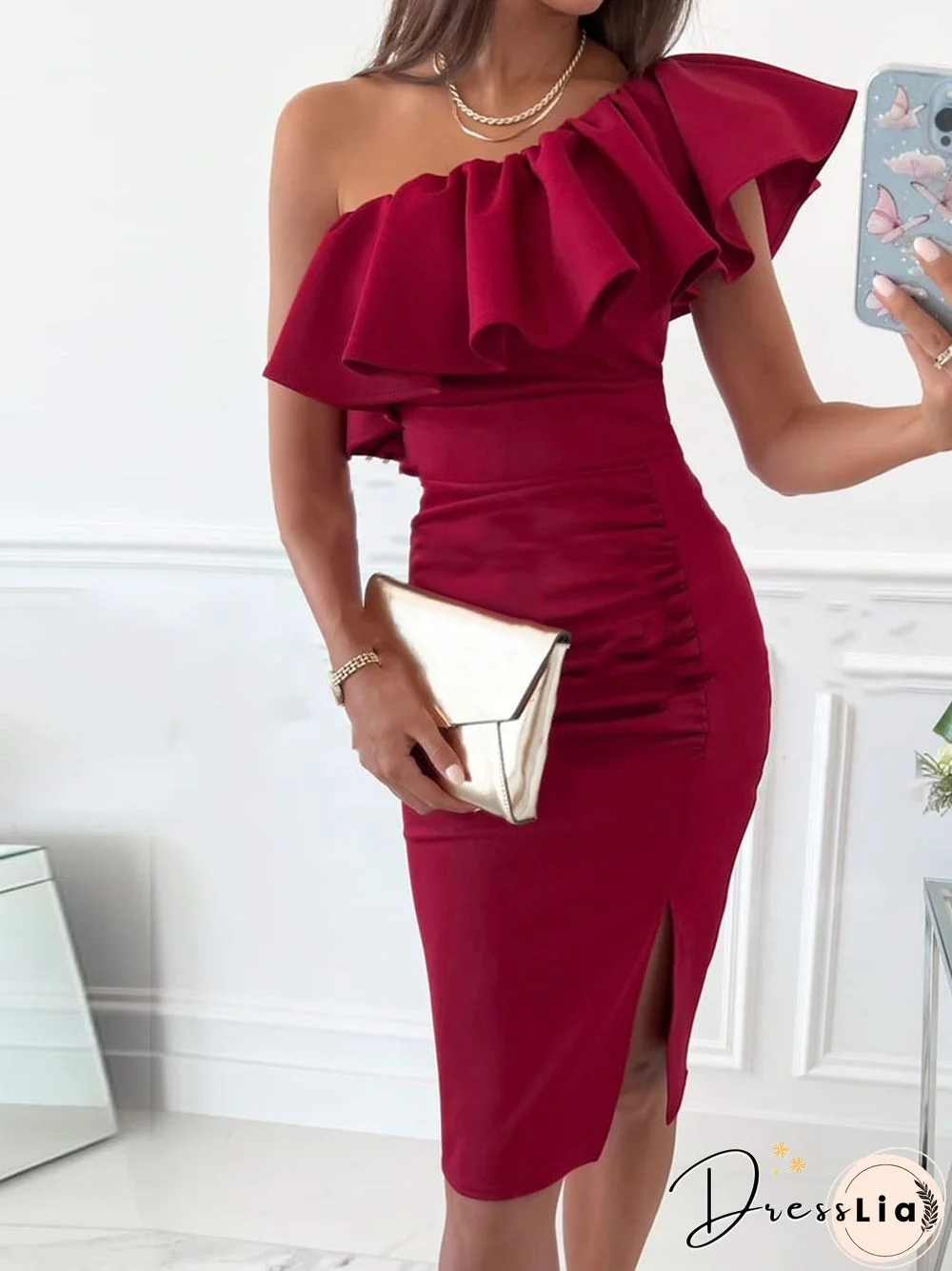 Ladies Sexy Slit One Shoulder Ruffle Party Dress Fashion Pleated Slant Neck Slim Dress Women Elegant Commuter Solid Dresses