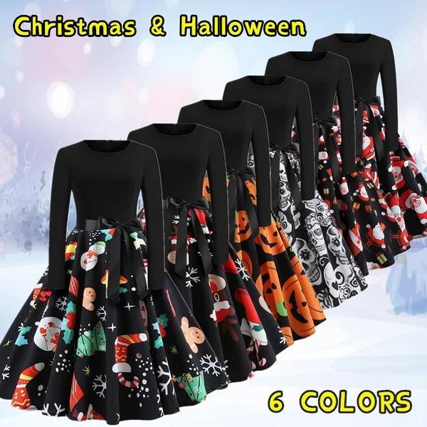 Autumn Winter Fashion Lady Xmas Clothes Christmas Costume Casual Long Sleeve Halloween Print Party Dress