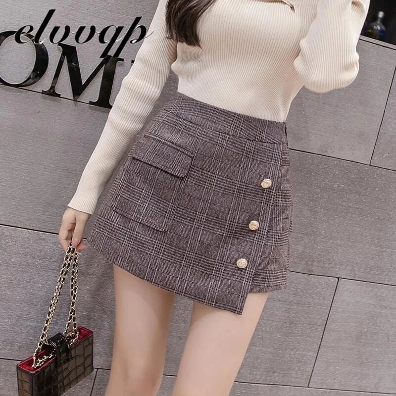 High Quality New Autumn Pocket Woolen Blend Winter Shorts Women Fashion Button Plaid Office Work Skirt Retro Women Mini Skirts