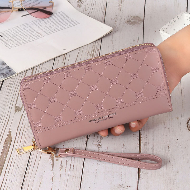 Mature Ladies Long Crown Embroidery Thread Single Zip Clutch Wallet